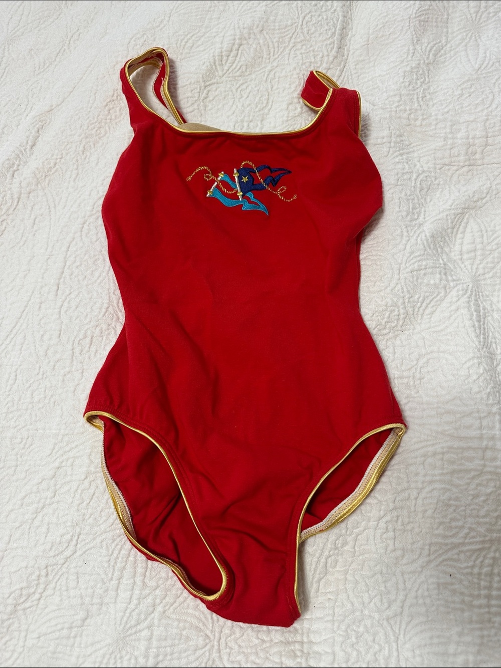 Vintage Eddie Bauer Red One-Piece Swimsuit with Gold Trim